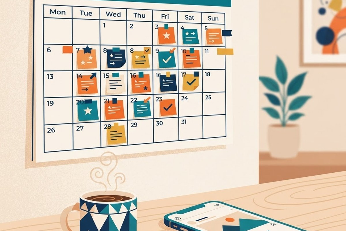 Wall calendar with sticky notes scheduling social media posts beside a coffee cup