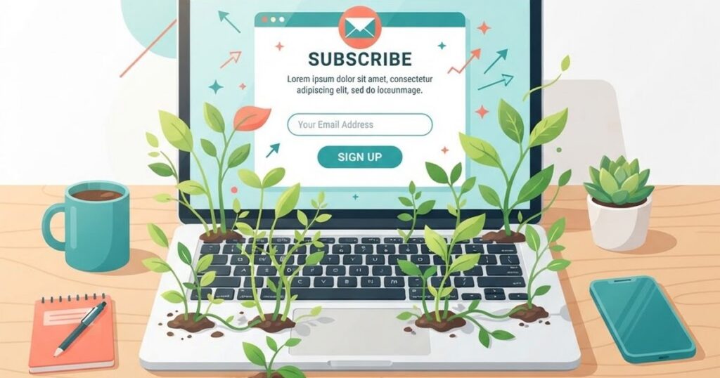Laptop with green plant sprouts growing from the keyboard, symbolizing organic email list growth
