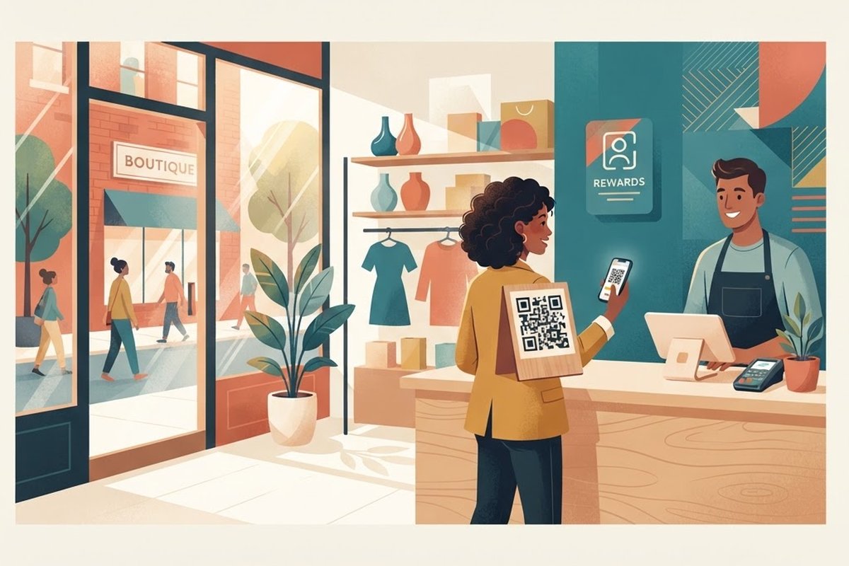 Customer scanning a QR code at a small business storefront to join an email list