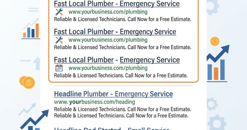 Search engine results page with paid Google Ads listings highlighted above organic results, illustrating pay-per-click advertising