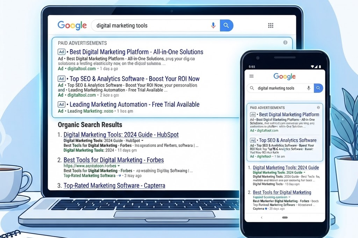 Search results page showing paid Google Ads listings above organic search results