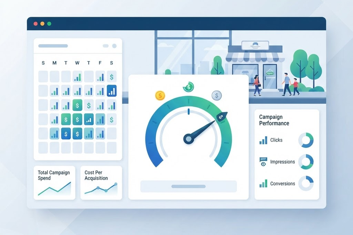 Illustration of a budget control slider with daily spending limit for a Google Ads campaign
