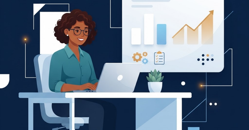 Small business owner reviewing website analytics on a laptop beside a simple bar chart and checklist
