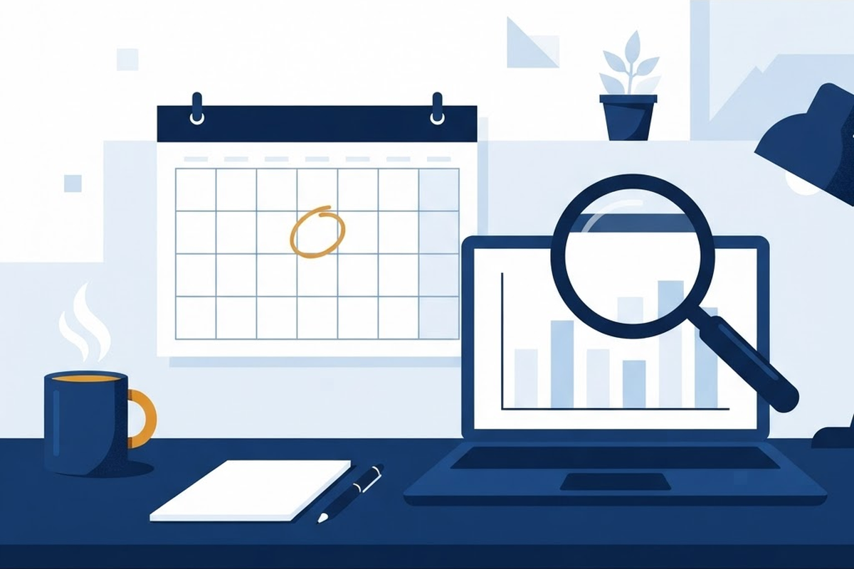 Calendar page with a circled review day, coffee mug, laptop showing a plain bar chart, and a magnifying glass
