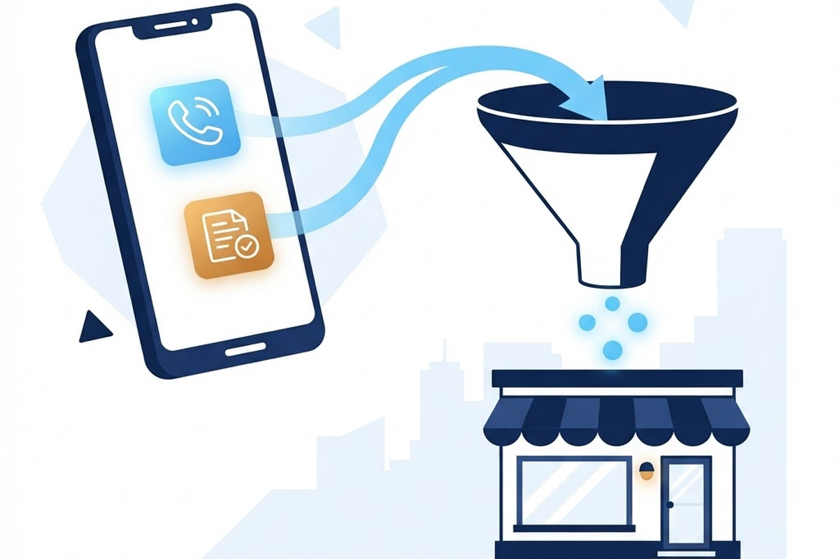 Phone call and form icons flowing through a funnel toward a small business storefront, illustrating conversion tracking