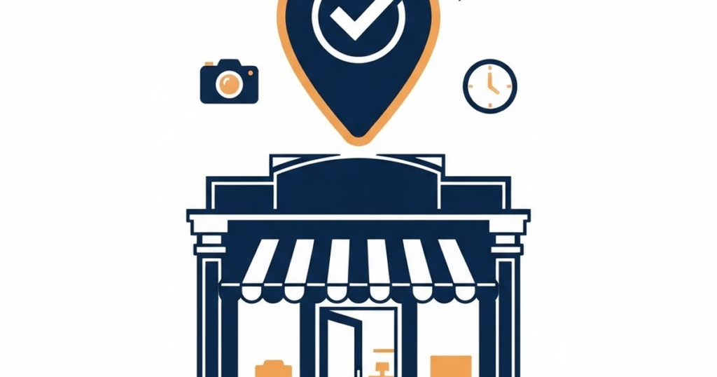 Small-business storefront with a location pin and checkmark badge, plus camera, clock, and question-mark icons floating above it
