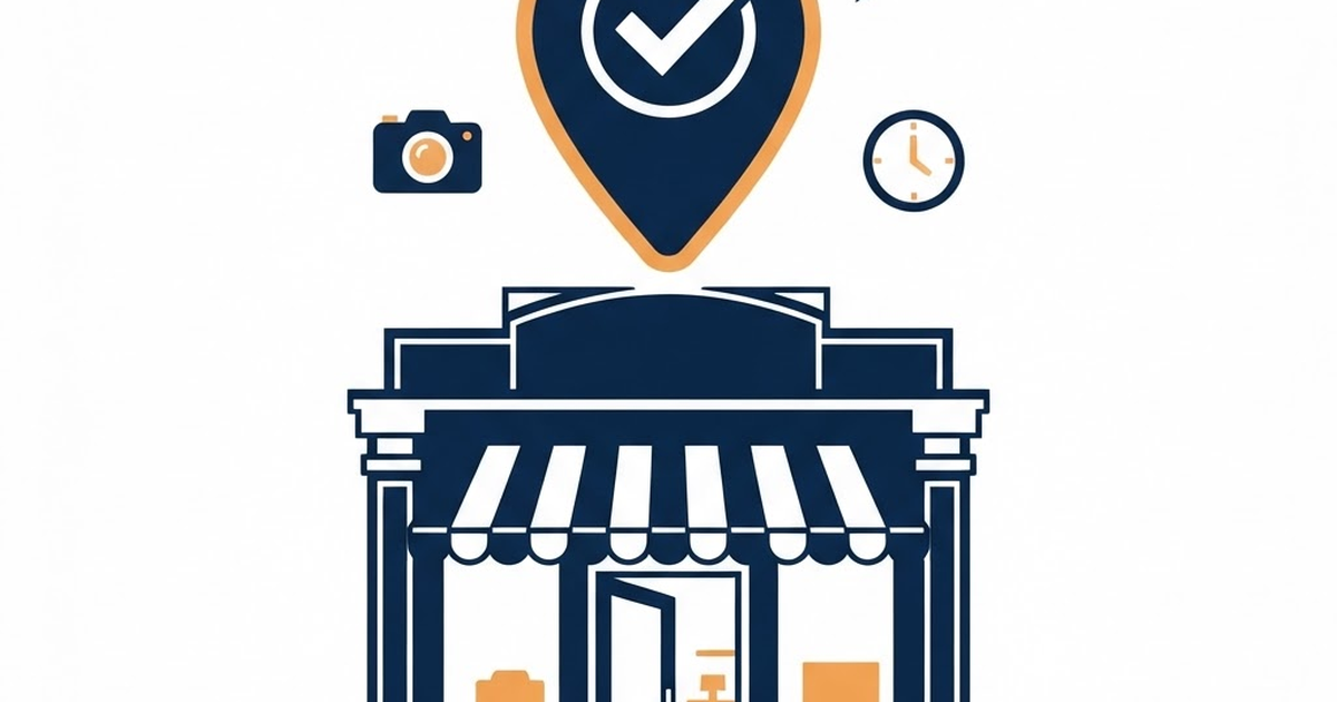 Small-business storefront with a location pin and checkmark badge, plus camera, clock, and question-mark icons floating above it