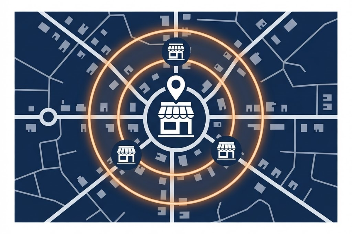 Aerial map illustration with a storefront pin at the center of an orange circular service area containing other storefronts