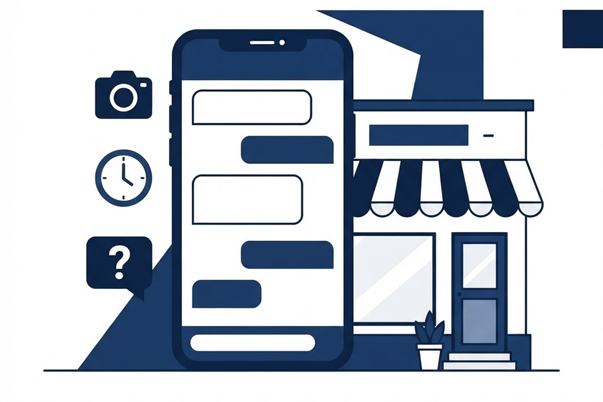 Smartphone showing a chat conversation beside camera, clock, and question-mark speech bubble icons in front of a storefront
