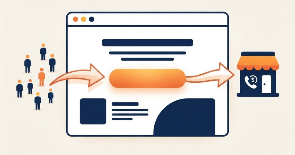 Banner illustration of a webpage with a prominent call-to-action button guiding person icons toward a storefront with a phone symbol