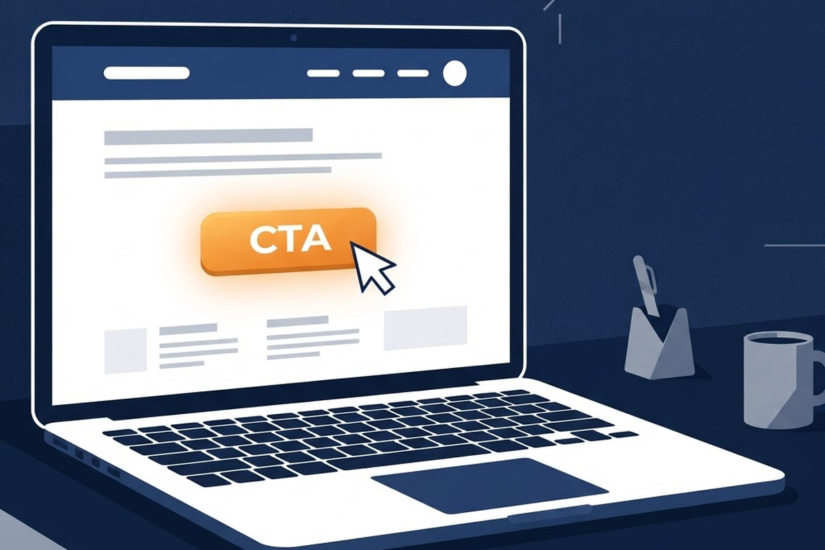 Laptop displaying a clean webpage layout with one prominent call-to-action button and a cursor about to click it