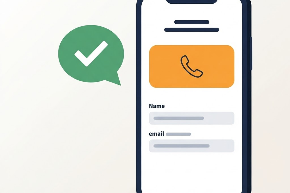 Smartphone showing a tap-to-call button and a short contact form beside a green checkmark speech bubble