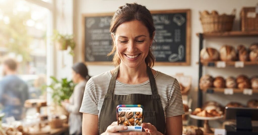 Bakery owner in an apron looking at a social media post about her shop on her smartphone