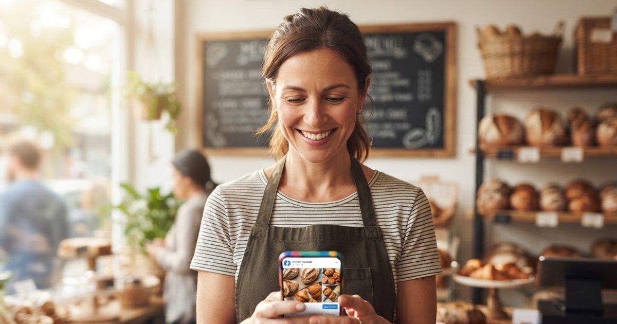 Bakery owner in an apron looking at a social media post about her shop on her smartphone