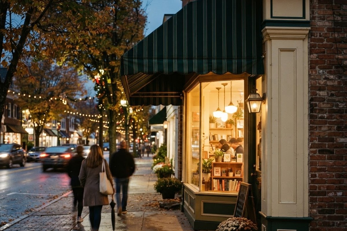 Small storefront glowing at dusk on a neighborhood main street with people walking by