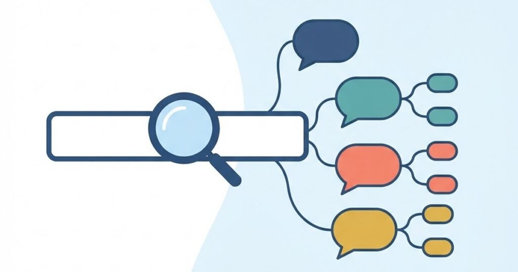 Flat illustration of a magnifying glass over a large search bar with connected topic bubbles branching to the sides