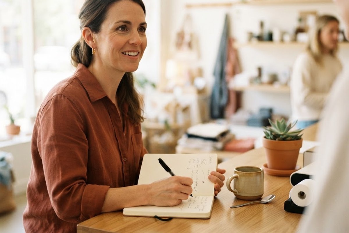 Small business owner writing notes at a counter while listening to how customers describe what they need