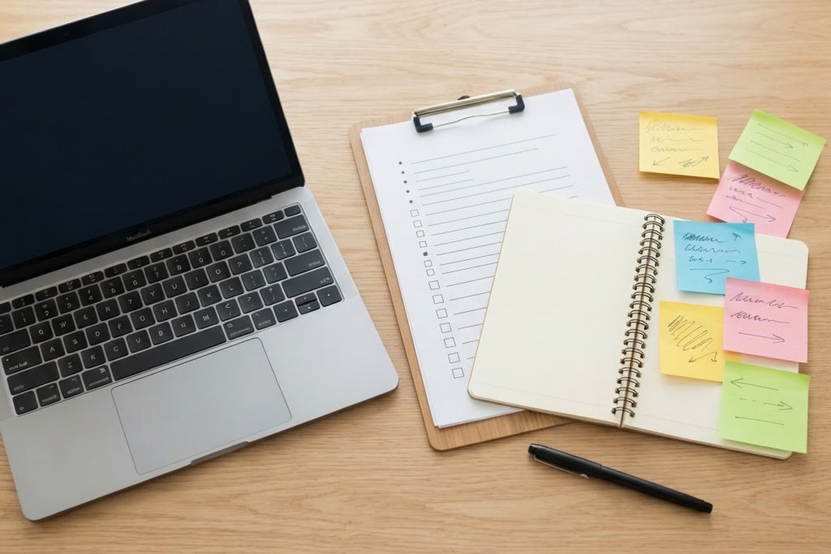 Laptop, clipboard and notebook arranged on a desk while planning where each keyword phrase belongs on a website