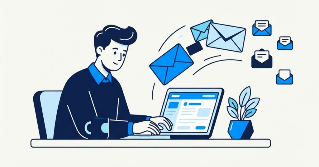 Small business owner writing a newsletter on a laptop with envelope icons flying toward subscriber inboxes