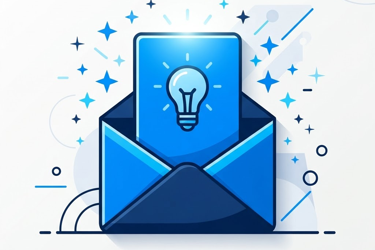 Open envelope with a single glowing tip card and lightbulb, representing one useful idea per email