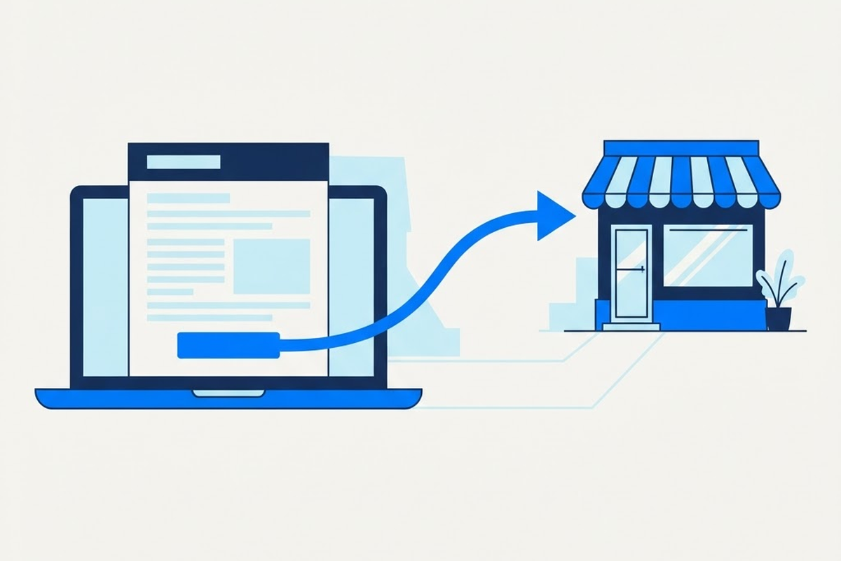 Simplified email layout on a laptop with one call-to-action button and an arrow pointing to a small storefront